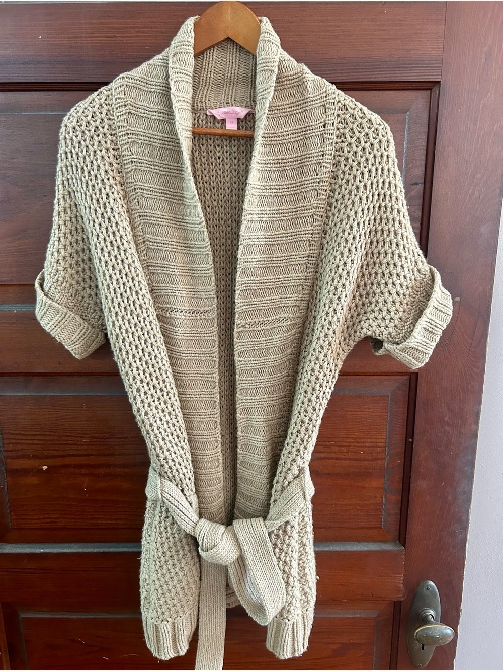 Lilly Pulitzer Open Front Belted Shawl Cardigan Sweater with 2 Pockets in Tan